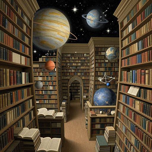 Photorealistic digital art of a library with towering bookshelves, open books, and planets like Jupiter, Saturn, Earth, and Mars in the