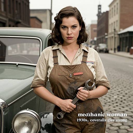 1940s-style photograph of a confident woman with dark wavy hair, wearing brown overalls and a beige shirt, holding a wrench, standing beside