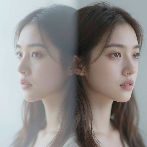 Photograph of a young Asian woman with fair skin, long dark hair, and soft pink lips, reflected in a mirror, against a bright white background