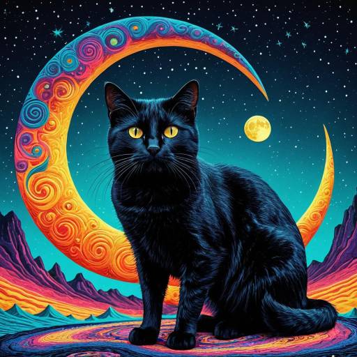 Black Cat and Psychedelic Crescent Moon