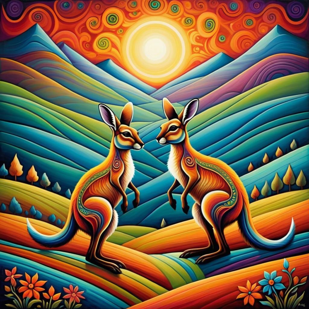 Whimsical Kangaroos in Colorful Landscape