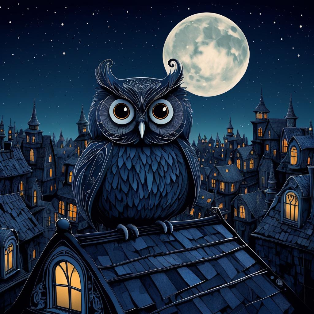 Whimsical Grumpy Owl on Rooftop