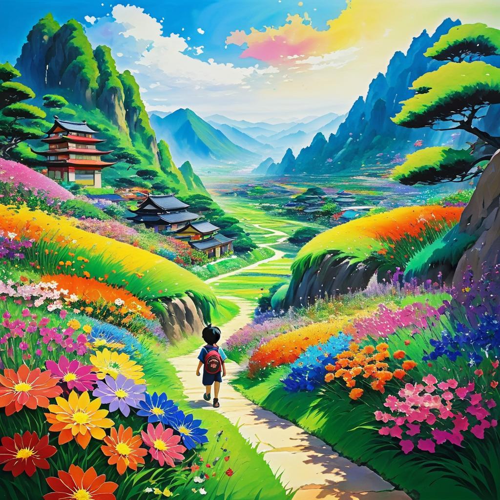 Imaginative Anime Landscape with Boy Explorer