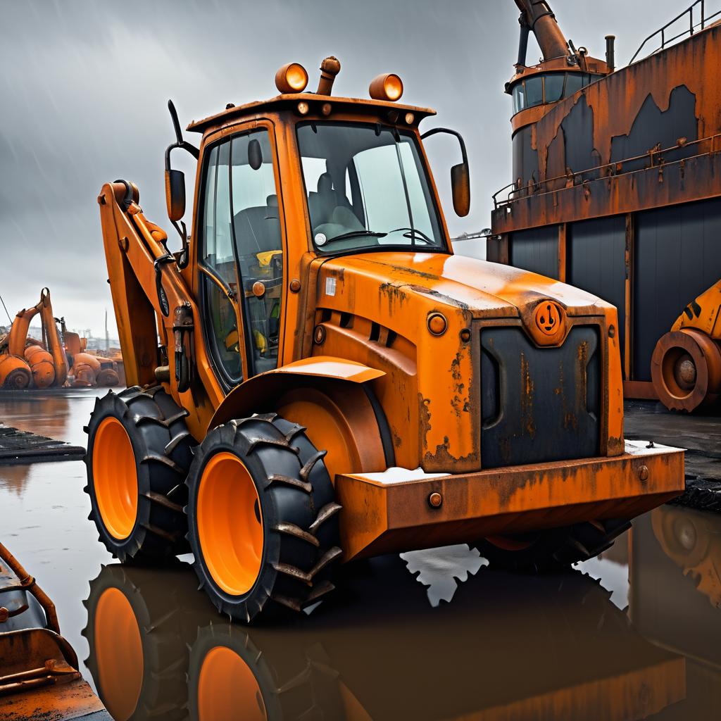 Playful Anthropomorphic Backhoe in Stormy Harbor