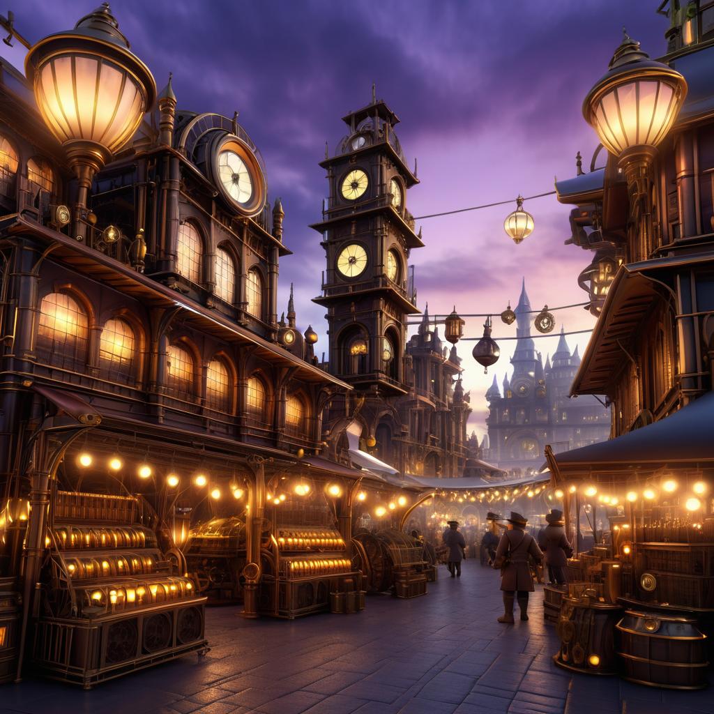 Bustling Steampunk Market at Twilight