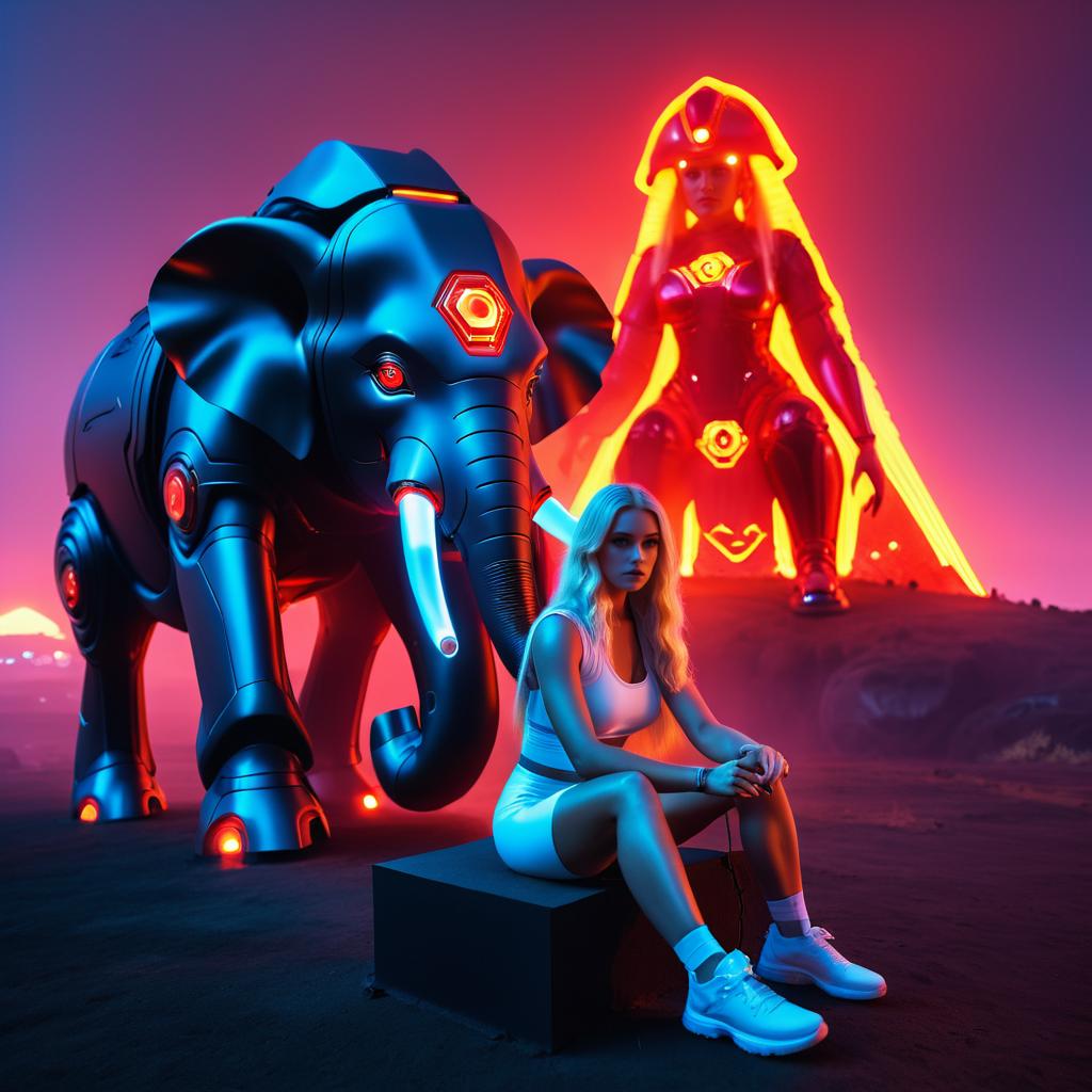 Futuristic Couple with Robotic Elephant