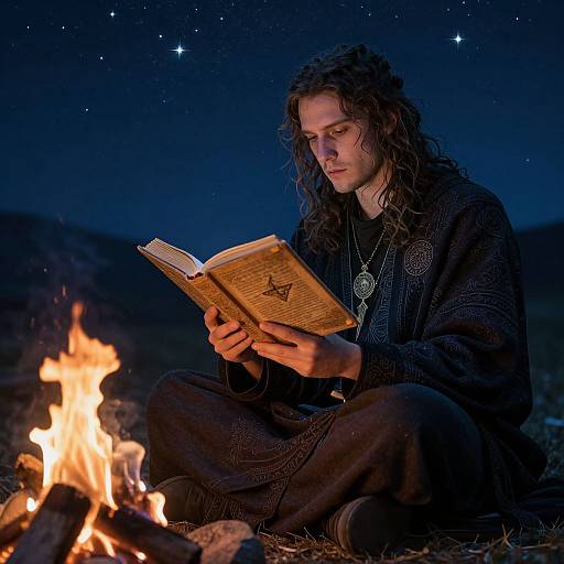 Photograph of a long-haired, fair-skinned man in dark, textured clothing, sitting by a campfire under a starry night sky, reading