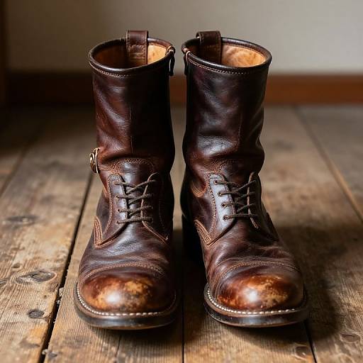 Photograph of worn, dark brown leather boots with brass eyelets, standing on rustic wooden floor, soft light highlighting their textured surfaces.