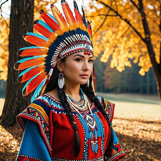 Woman in Native American-Inspired Costume with Feather Headdress