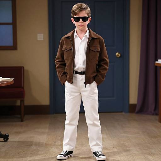 Photorealistic CGI of a young man with short brown hair, wearing black sunglasses, white shirt, brown jacket, white pants, black shoes, standing