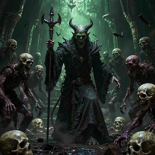 Digital artwork: Dark, demonic figure with horns, black robes, and a trident stands amidst a grimy, green-lit cave filled with skulls