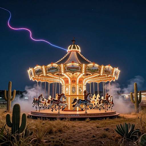 Nighttime photograph of a brightly lit, ornate carousel with horses, surrounded by cacti, under a dark blue sky with purple lightning.