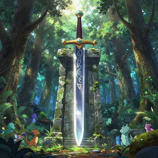 Digital fantasy artwork of a glowing, runes-etched sword standing in a dense, enchanted forest with magical creatures and vibrant foliage.