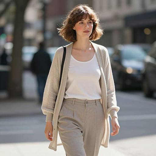 Photograph of a confident woman with shoulder-length brown hair, wearing a white top, beige cardigan, and high-waisted pants, walking on
