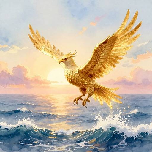 Digital painting of a golden eagle with outstretched wings soaring above ocean waves at sunset, sunlight glowing through feathers, creating a radiant effect.