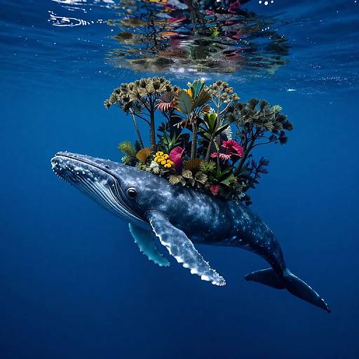 Photograph of a humpback whale underwater, adorned with a colorful bouquet of tropical flowers, surrounded by deep blue ocean.