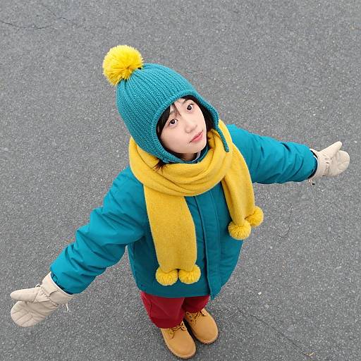 Photograph of a young child in a blue knit hat with yellow pom-pom, yellow scarf, blue coat, red pants, white gloves, and