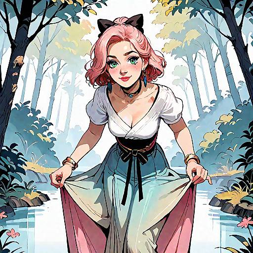 Blushing Anime Girl Curtseying in Forest