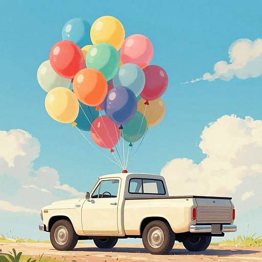 Digital illustration of a white vintage pickup truck with colorful balloons floating above it, set against a bright blue sky with fluffy clouds.