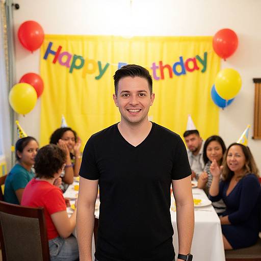 Photograph of a smiling man in a black V-neck shirt standing at a birthday party table with colorful balloons and 