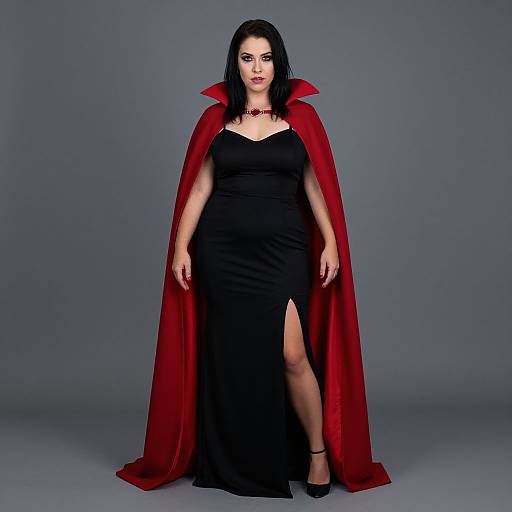Photograph of a confident woman with pale skin and black hair, wearing a black dress, red cape with high collar, and black heels, standing against