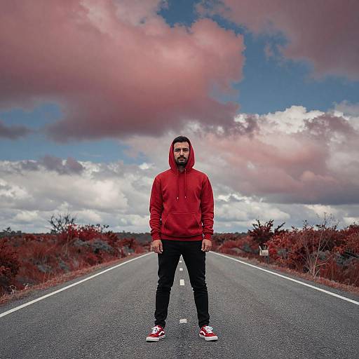 Surreal Landscape with Red Hoodie