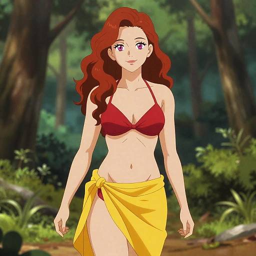 Red-Haired Woman in Red Bikini with Yellow Sarong in Forest