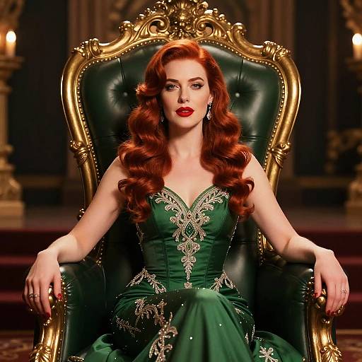 Photograph of a red-haired woman with vintage curls, wearing a green, beaded gown, sitting on an ornate gold chair in a dimly