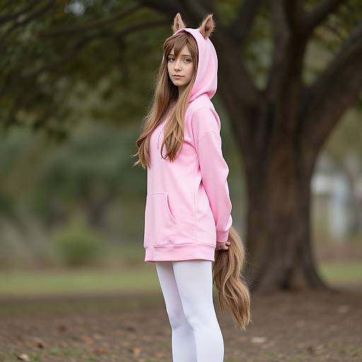 Photograph of a young woman with long brown hair, wearing a pink hoodie with cat ears, white pants, and standing in a park with large trees