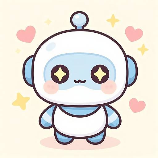 Cute digital drawing of a white and light blue robot with black eyes, blush marks, and a small round head, surrounded by pink hearts and yellow