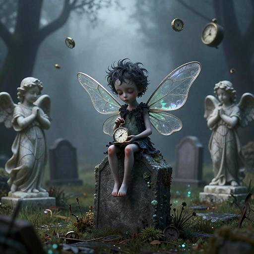 Glass-Winged Moth-Child with Pocket Watch in Misty Graveyard