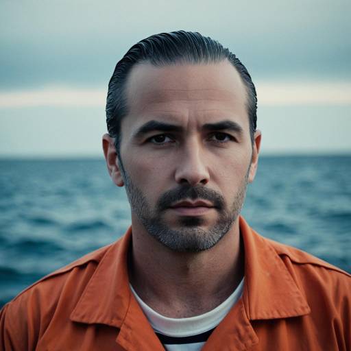 Man with Stern Expression Wearing Orange Jacket Near Ocean
