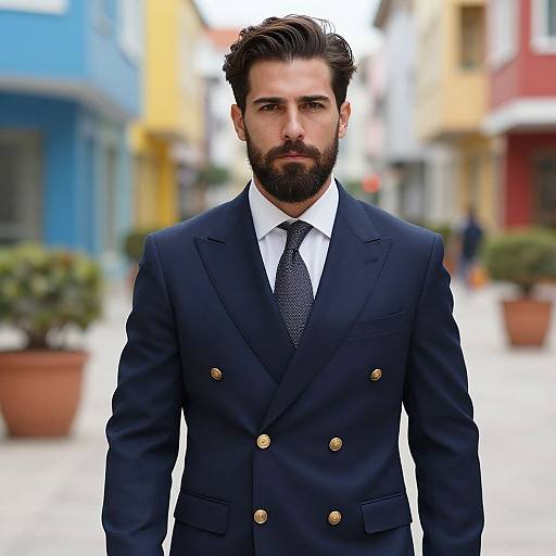 Photograph of a handsome bearded man with dark hair, wearing a navy double-breasted suit with gold buttons, white shirt, and black tie,