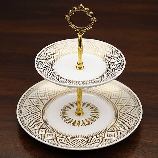 Photograph of a decorative, two-tiered, white candle holder with intricate gold patterns, reflecting on a dark wooden surface, topped with an ornate