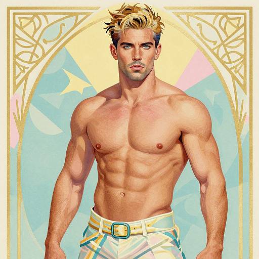 Digital art of a muscular, shirtless, blonde-haired man with blue eyes, wearing white and blue striped shorts, against a pastel geometric background.