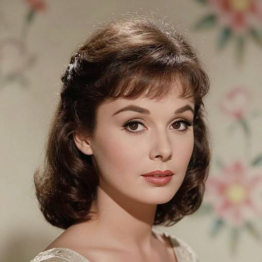 Photograph of a fair-skinned, brown-haired woman with vintage-style makeup, wearing a floral-patterned dress, against a floral wallpaper background.
