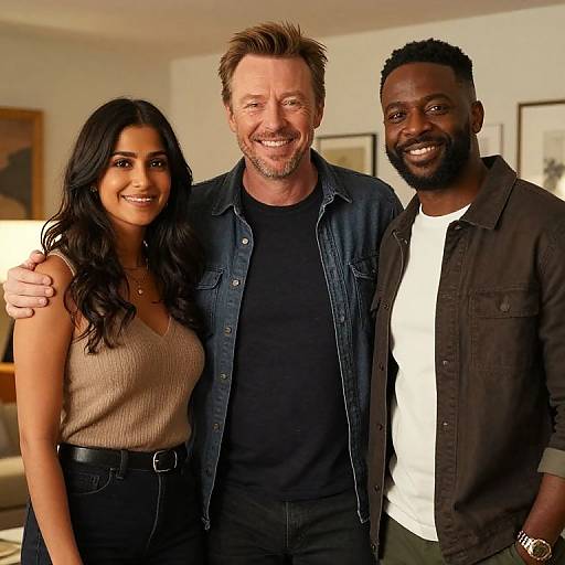 Photograph of three smiling people: a white man with sandy hair, a black woman with long black hair, and a black man with a short beard