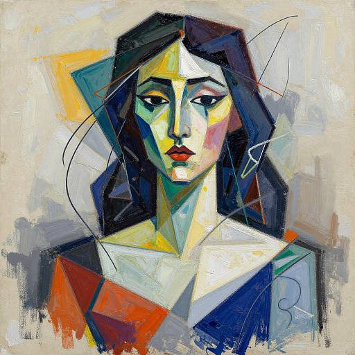 Abstract digital painting of a woman with dark hair, yellow-green face, red lips, and geometric colors, set against a textured background.