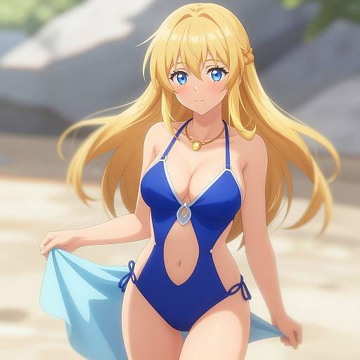 Anime Blonde in Blue Slingshot Swimsuit