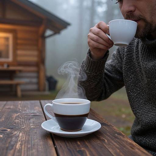 Photograph of a man in a gray sweater, sipping from a white cup, next to a steaming white cup with dark coffee on a wooden
