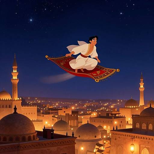 Digital illustration of a young man with dark hair, wearing a white robe, flying on a red patterned carpet above a glowing, starry night city