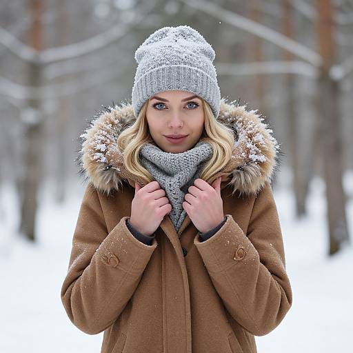 Photograph of a blonde woman with blue eyes, wearing a gray knit beanie, brown coat with fur hood, and gray scarf, standing in a