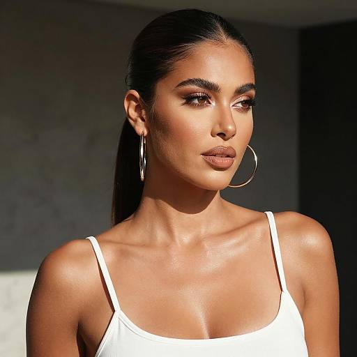 Portrait of woman with hoop earrings in sunlight