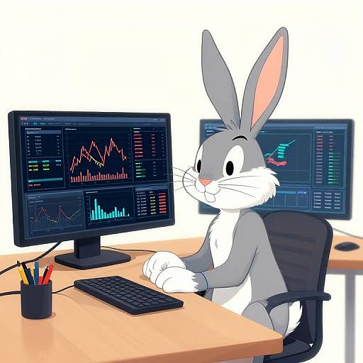 Cartoon gray rabbit with white chest and pink inner ears sits at a desk, working on three computer monitors displaying stock charts.