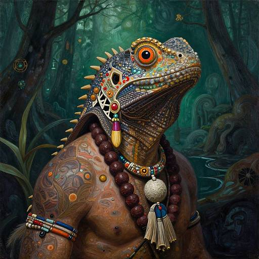 Digital art of a heavily adorned, anthropomorphic lizard with colorful jewelry and intricate patterns, set against a dark, mystical forest background.