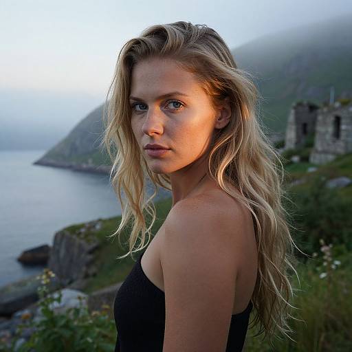 Photograph of a blonde woman with wavy hair, blue eyes, wearing a black strapless top, standing against a misty coastal background with a