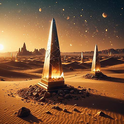 Crystal Obelisks in Desert at Dusk