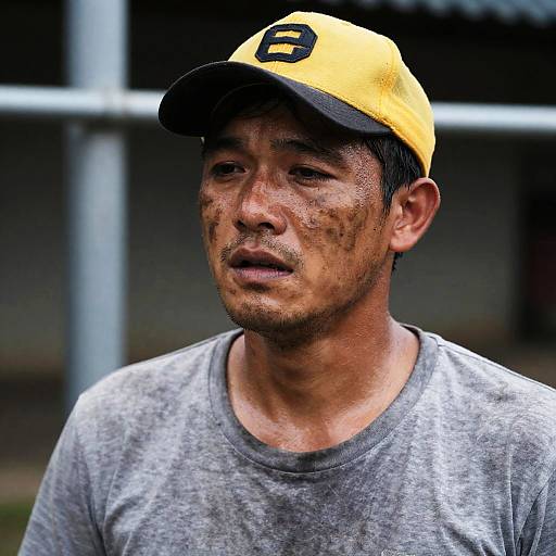 Tired Man in Cap with Industrial Background