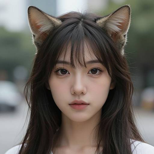 Photograph of an Asian woman with long black hair, cat ears, and large dark eyes, wearing a white top, with a blurred urban background.