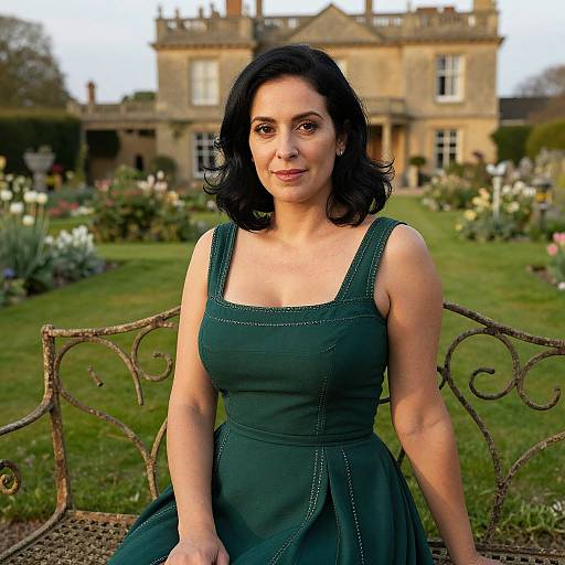 Photograph of a middle-aged woman with dark hair in a green dress, seated on a wrought iron bench, in front of a lush garden and stone